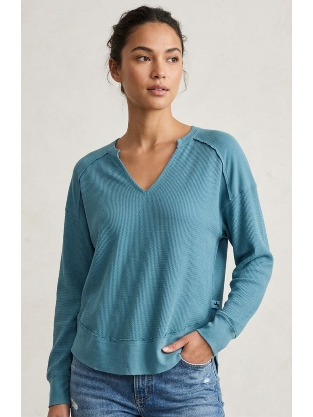JoyLab Waffle knit Vneck Relaxed Fit Long Sleeve Tee Turquoise Size S
